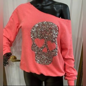 VS PINK • SMALL • SEQUIN SKULL • OFF THE SHOULDER CREW SWEATER